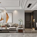 Modern Living and Dining Room Interior Design With Beige Sofa Artworks Chandelier Dining Table Chairs