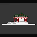 Cartoon Style Traditional Chinese Red Building With Green Roof On White Platform