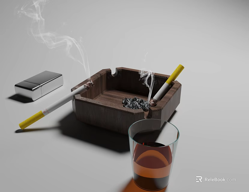 Decorative Ornament Set With Wooden Ashtray Silver Lighter Cigarettes Smoke And Glass Of Brown Liquid 3d model 