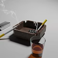 Decorative Ornament Set With Wooden Ashtray Silver Lighter Cigarettes Smoke And Glass Of Brown Liquid