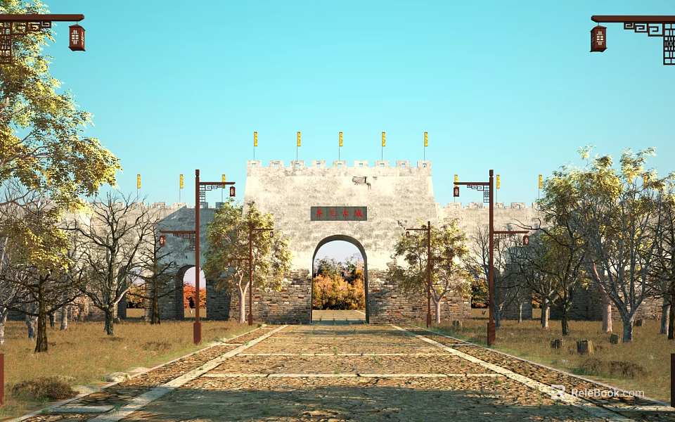 Ancient City Gate With Stone Archway Yellow Flags Trees Dirt Road And Blue Sky 3d model 