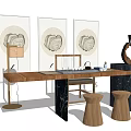 Wooden Tea Table and Chairs with Marble Top Artwork Floor Lamp and Stools