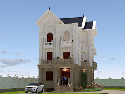 Elegant White European Detached Villa With Two Story Balcony Front Steps And Lawn 3d model