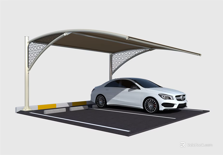Modern Carport Canopy With Support Pillars And White Car In Parking Space 3d model 