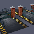 Entrance Gate With Brick Pillars Black Iron Design And Yellow Warning Stripes On Ground