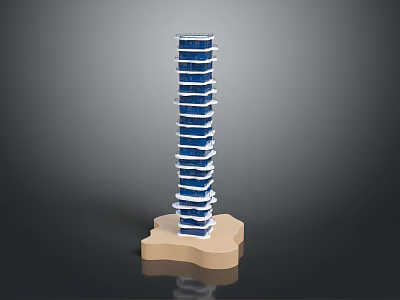 Modern Tall Tower Architecture With Stacked Blue Floors And Beige Base 3d model