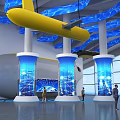 Immersive Exhibition Space With Blue Jellyfish Installation Digital Displays And Visitors