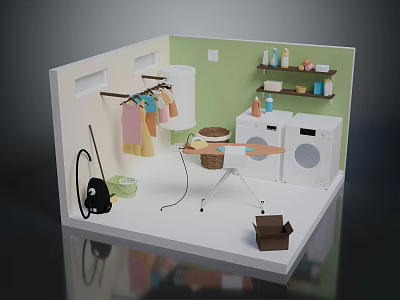 Cartoon Laundry Room Scene With Washing Machine Dryer Clothes Rack And Laundry Basket 3d model