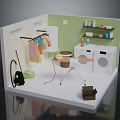Cartoon Laundry Room Scene With Washing Machine Dryer Clothes Rack And Laundry Basket