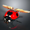 Red Ladybug With Black Spots Spread Golden Wings On Dark Background With Reflection 3d model
