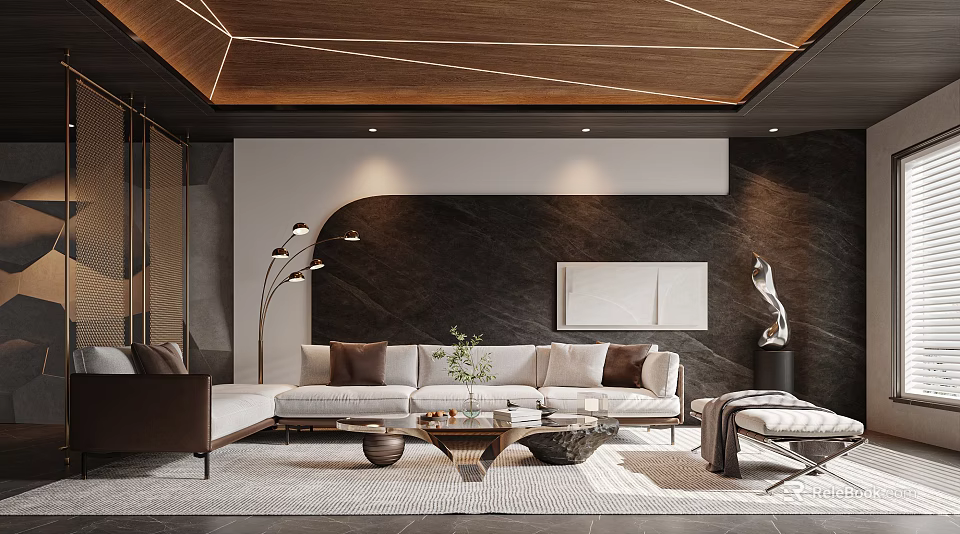 Modern Living Room Interior Design With Wooden Ceiling And Beige Sofa 3d model 