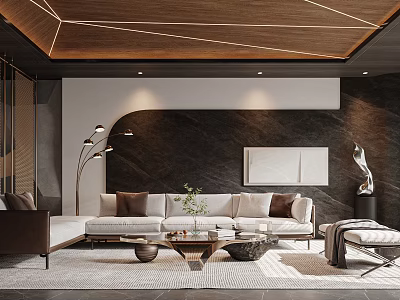 Modern Living Room Interior Design With Wooden Ceiling And Beige Sofa 3d model