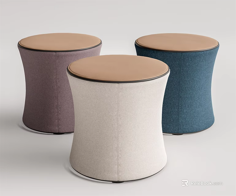 Sofa Stools In Purple Beige Blue With Modern Cylindrical Upholstered Seats 3d model 