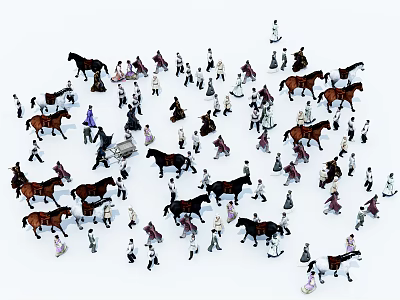 Many People With Horses In A Busy Outdoor Activity Scene 3d model