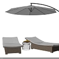 Outdoor Rattan Lounge Chairs With Gray White Cushions And Cantilever Umbrella
