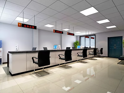 Service Hall Interior With Long Counter Computers Black Chairs And Ceiling Lighting 3d model