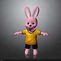 Pink Rabbit Plush Toy Wearing Yellow Shirt And Black Shorts Standing On Gray Background