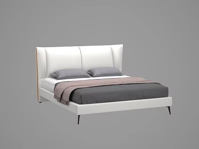 Modern Double Bed With White Headboard Gray Pillows And Pink Throw Blanket 3d model