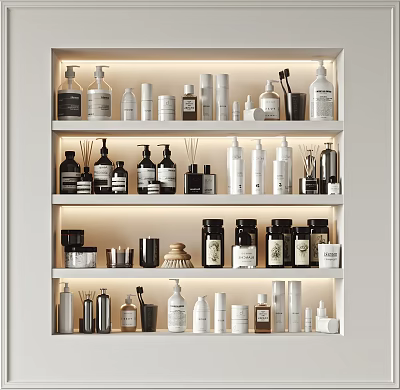 Bathroom Accessories Neatly Organized On Illuminated Shelves With Various Types 3d model