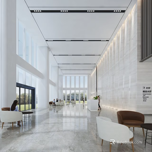 Modern Lobby Reception Desk With White Walls Large Windows And Comfortable Sofas 3d model