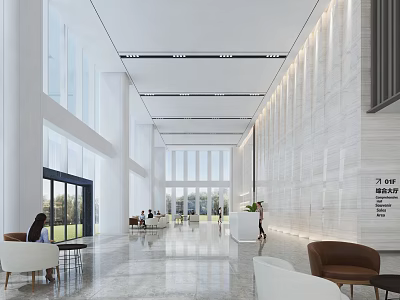 Modern Lobby Reception Desk With White Walls Large Windows And Comfortable Sofas 3d model