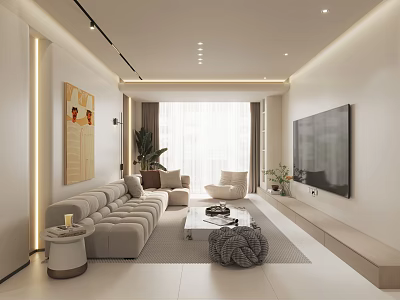 Modern Living Room Interior Design With Light Sofa Coffee Table TV Wall And Artwork 3d model