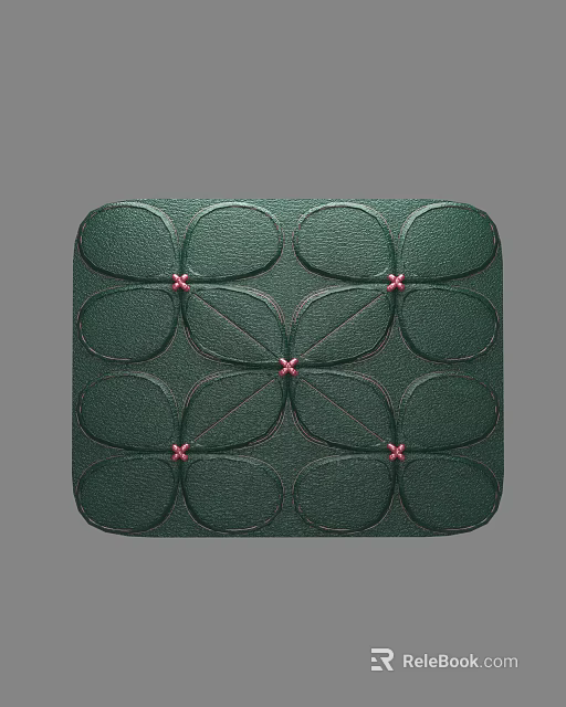 Green Leather Sofa Stool With Floral Pattern And Pink Decorative Buttons 3d model