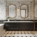 Elegant Bathroom With Gold Framed Oval Mirrors Marble Walls Black Double Vanity And Checkered Flooring