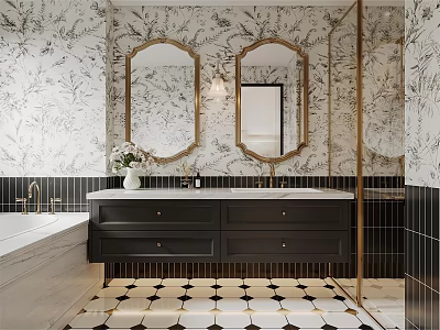 Elegant Bathroom With Gold Framed Oval Mirrors Marble Walls Black Double Vanity And Checkered Flooring 3d model