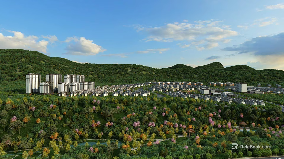 Landscape Garden With Green Trees Flowers River And High Rise Buildings Near Hills 3d model 