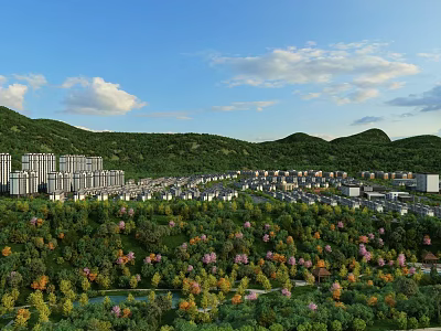 Landscape Garden With Green Trees Flowers River And High Rise Buildings Near Hills 3d model