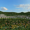 Landscape Garden With Green Trees Flowers River And High Rise Buildings Near Hills