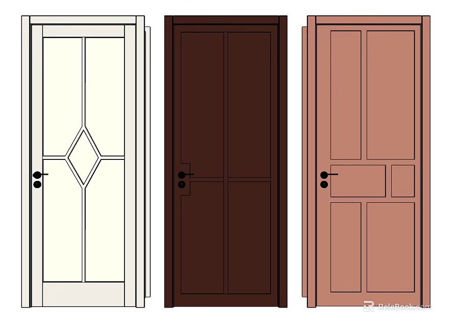 Hinged Doors Featuring Glass Solid Wood Decorative Panels in White Dark Brown Light Brown 3d model 