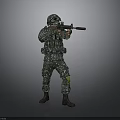 Camouflage Uniformed Military Soldier Aiming With Rifle In Tactical Stance