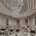 Banquet Hall Interior With Round Dining Tables Tableware Floral Bouquets And Chairs