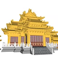 Traditional Chinese Ancient Architecture With Yellow Roof Upturned Eaves Red Windows And White Railings