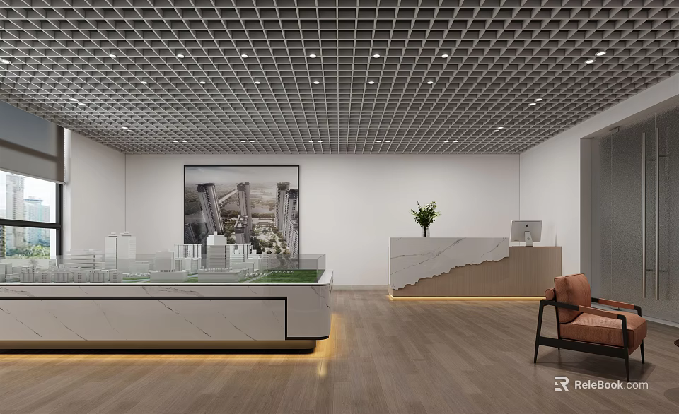 Modern Real Estate Sales Office Interior With Grid Ceiling Property Model And Reception Desk 3d model 
