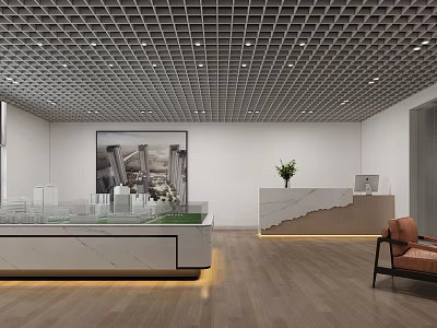 Modern Real Estate Sales Office Interior With Grid Ceiling Property Model And Reception Desk 3d model