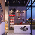 Cozy Restaurant Interior With Neon Sign Brick Wall Fruit Display And Metallic Ceiling