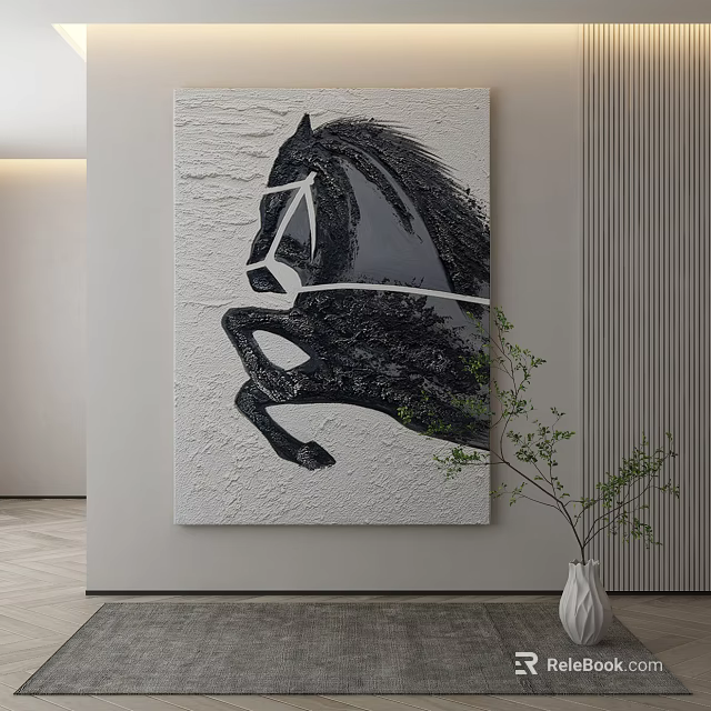 Modern Black Rearing Horse Textured Animal Painting On Minimalist White Wall Decor 3d model 