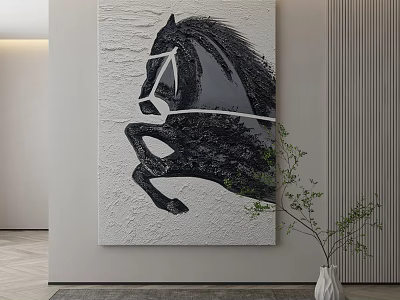 Modern Black Rearing Horse Textured Animal Painting On Minimalist White Wall Decor 3d model