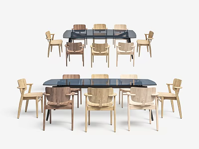 Modern Rectangular Glass Top Dining Table Set With Eight Light Wood Chairs 3d model