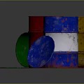Colored Metal Drums Including Open Green Barrel and Detached Yellow Red Blue Lids