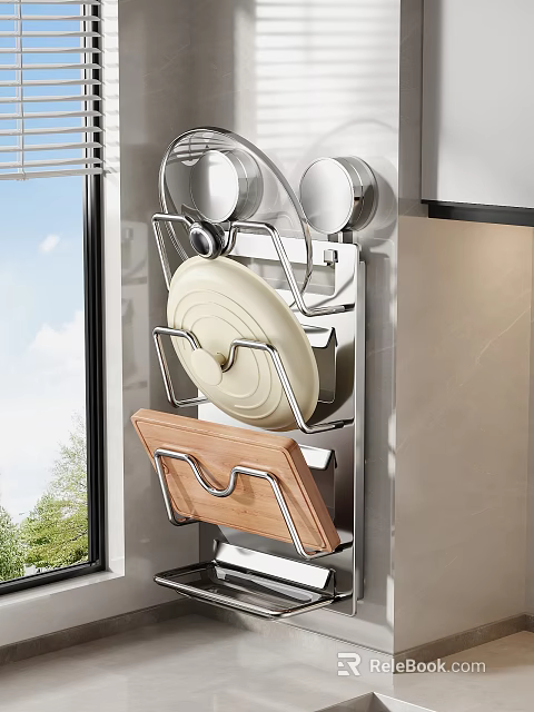 Wall Mounted Kitchen Storage Rack With Pot Lids Cutting Board And Plates 3d model 