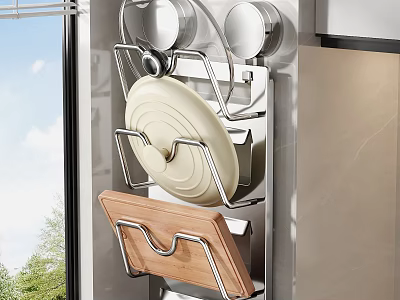 Wall Mounted Kitchen Storage Rack With Pot Lids Cutting Board And Plates 3d model