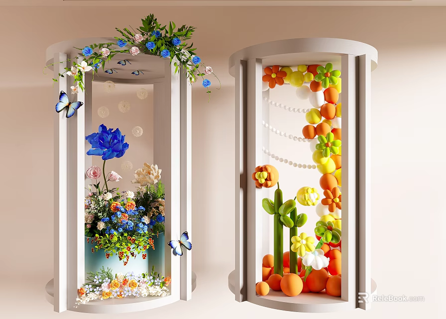 Decorative Cylindrical Photo Spot With Blue Flowers Butterflies Orange Fruits And Colorful Decorations 3d model 