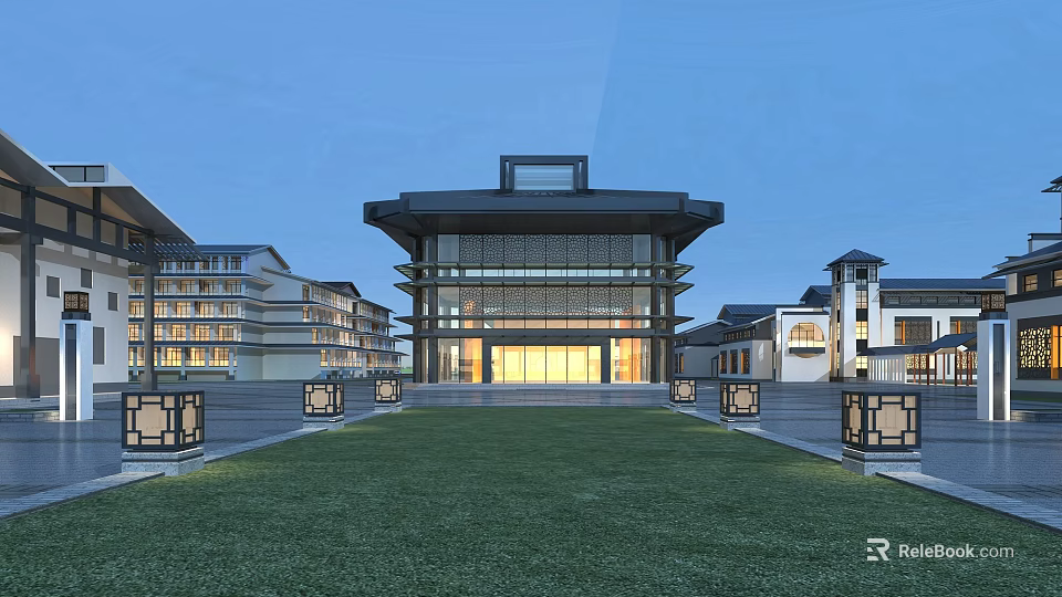 Traditional And Modern School Building With Large Glass Facade Lawn Area And Lantern Light Posts 3d model 