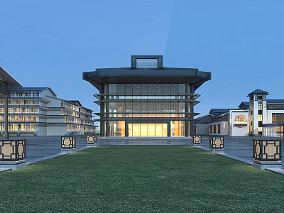 Traditional And Modern School Building With Large Glass Facade Lawn Area And Lantern Light Posts 3d model
