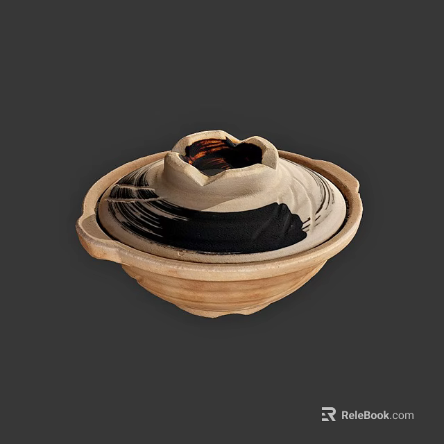 Handmade Ceramic Vessel With Lid Featuring Black Swirl Patterns And Earthenware Texture 3d model