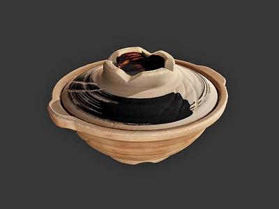 Handmade Ceramic Vessel With Lid Featuring Black Swirl Patterns And Earthenware Texture 3d model